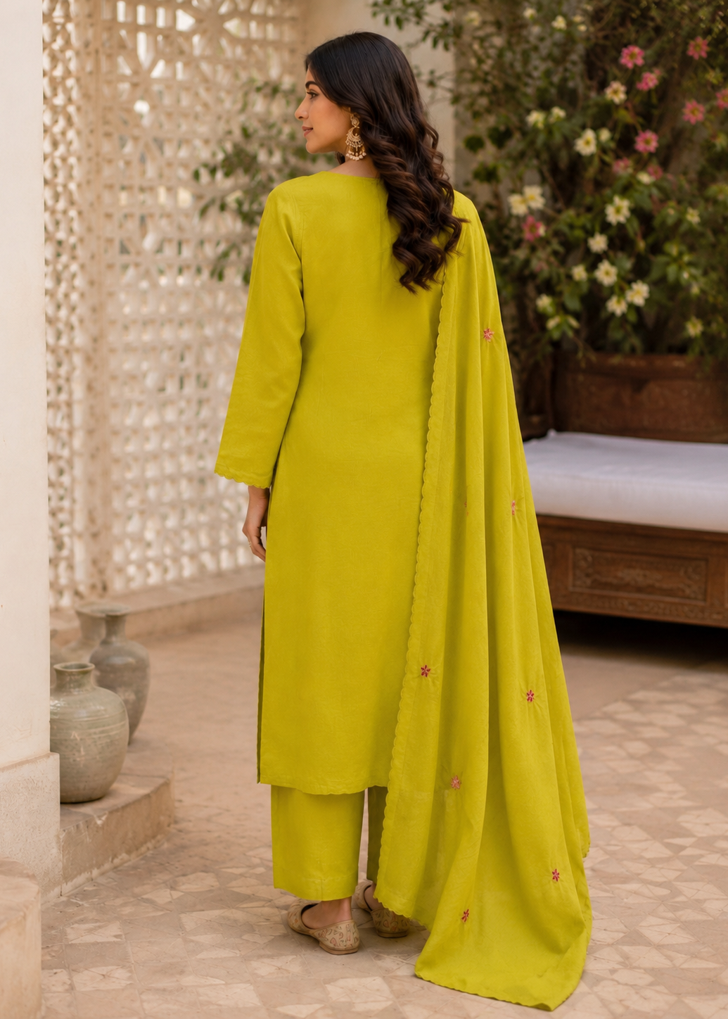 Lime Green Floral Bird Embroidered Kurta Set With Dupatta