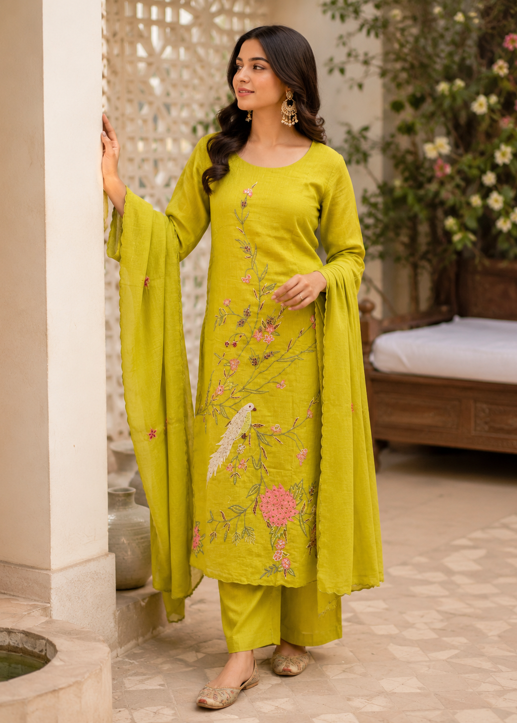 Lime Green Floral Bird Embroidered Kurta Set With Dupatta