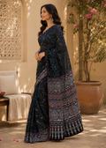 Navy Blue Ajrak Inspired Printed Saree with Ethnic Border Detailing