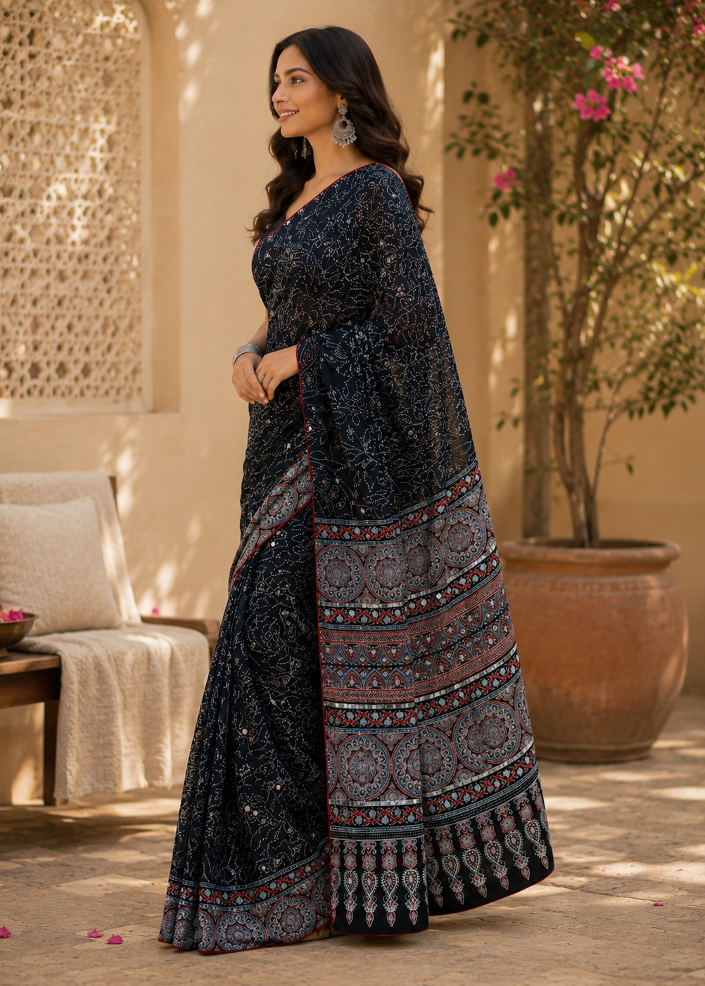 Navy Blue Ajrak Inspired Printed Saree with Ethnic Border Detailing