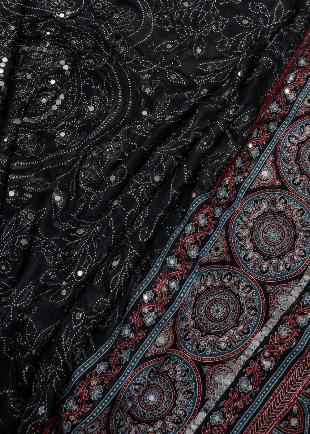 Navy Blue Ajrak Inspired Printed Saree with Ethnic Border Detailing