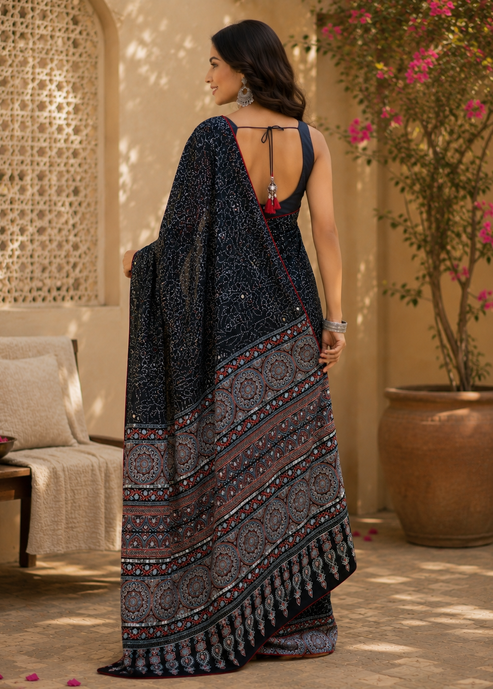 Navy Blue Ajrak Inspired Printed Saree with Ethnic Border Detailing
