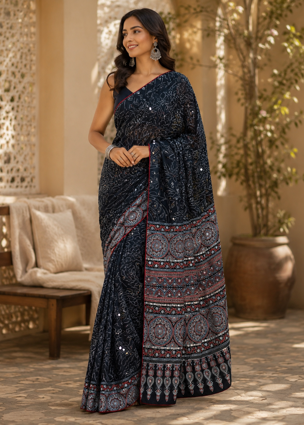 Navy Blue Ajrak Inspired Printed Saree with Ethnic Border Detailing