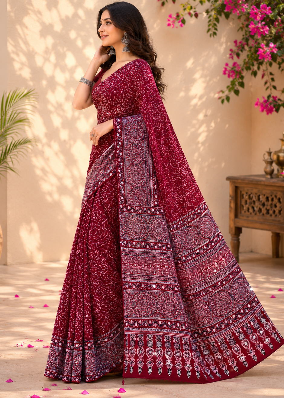 Crimson Ajrak Printed Festive Saree with Mirror Detailing