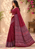 Crimson Ajrak Printed Festive Saree with Mirror Detailing