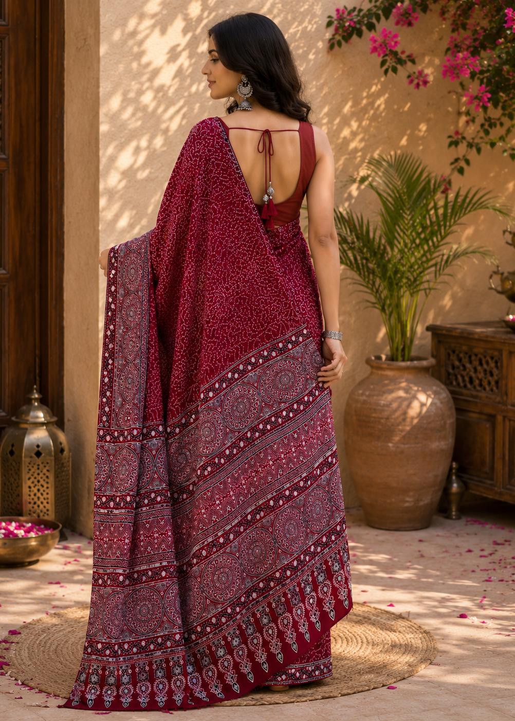 Crimson Ajrak Printed Festive Saree with Mirror Detailing