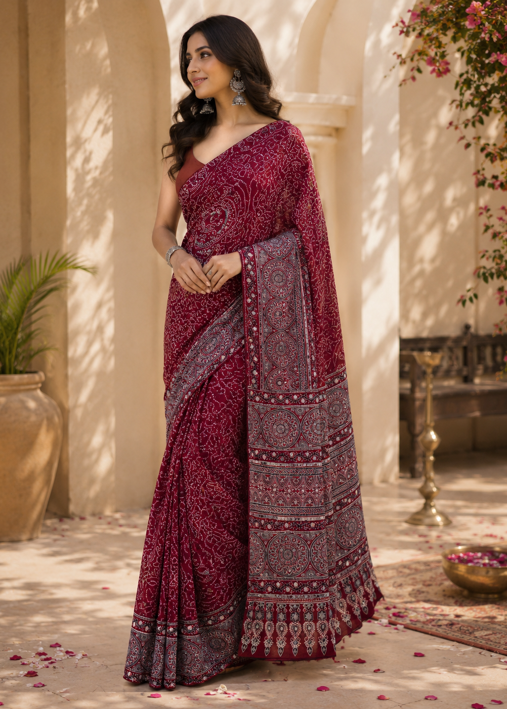 Woman in a maroon saree with white patterns standing in an outdoor setting.