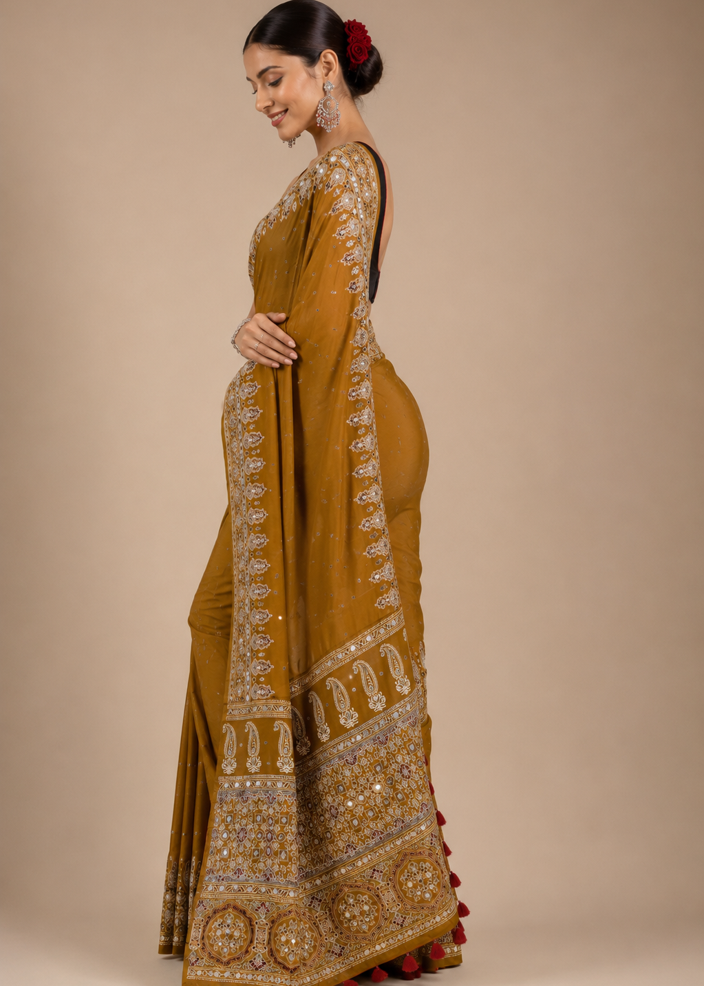 Mustard Ajrakh Printed Modal Saree With Real Mirror Work & Larkan Detailing