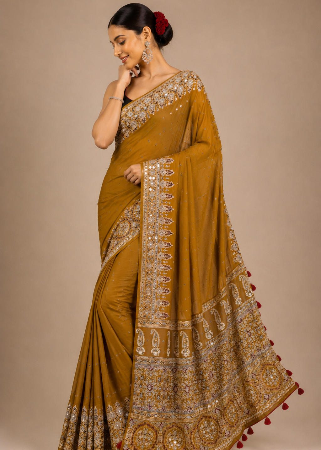 Mustard Ajrakh Printed Modal Saree With Real Mirror Work & Larkan Detailing