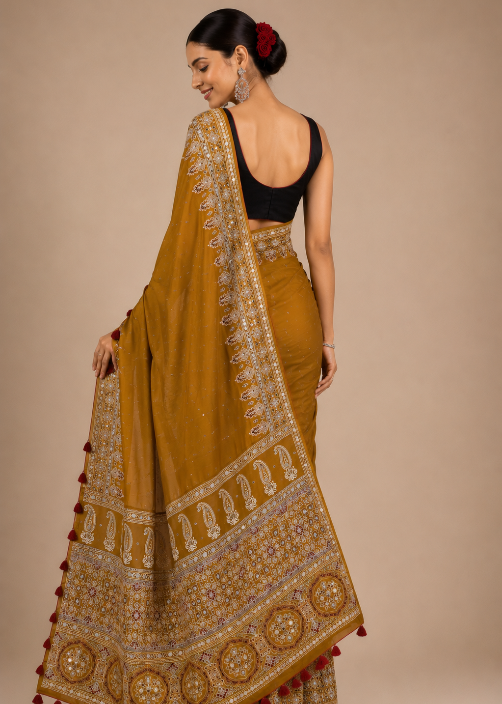 Mustard Ajrakh Printed Modal Saree With Real Mirror Work & Larkan Detailing