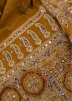 Mustard Ajrakh Printed Modal Saree With Real Mirror Work & Larkan Detailing