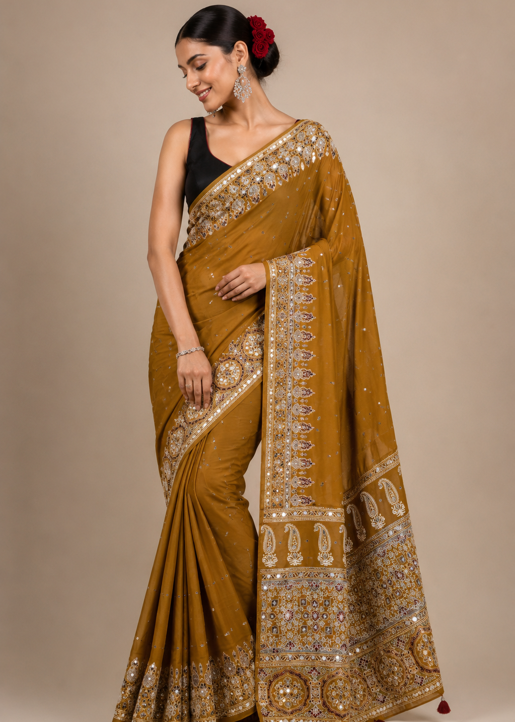 Mustard Ajrakh Printed Modal Saree With Real Mirror Work & Larkan Detailing