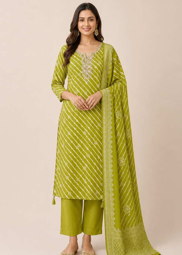 A woman modeling a lime green traditional Indian salwar kameez suit with matching dupatta. The kurta features vertical diagonal stripes and silver mirror work embroidery on the neckline, paired with matching green trousers and a coordinating patterned dupatta, set against a solid beige background.