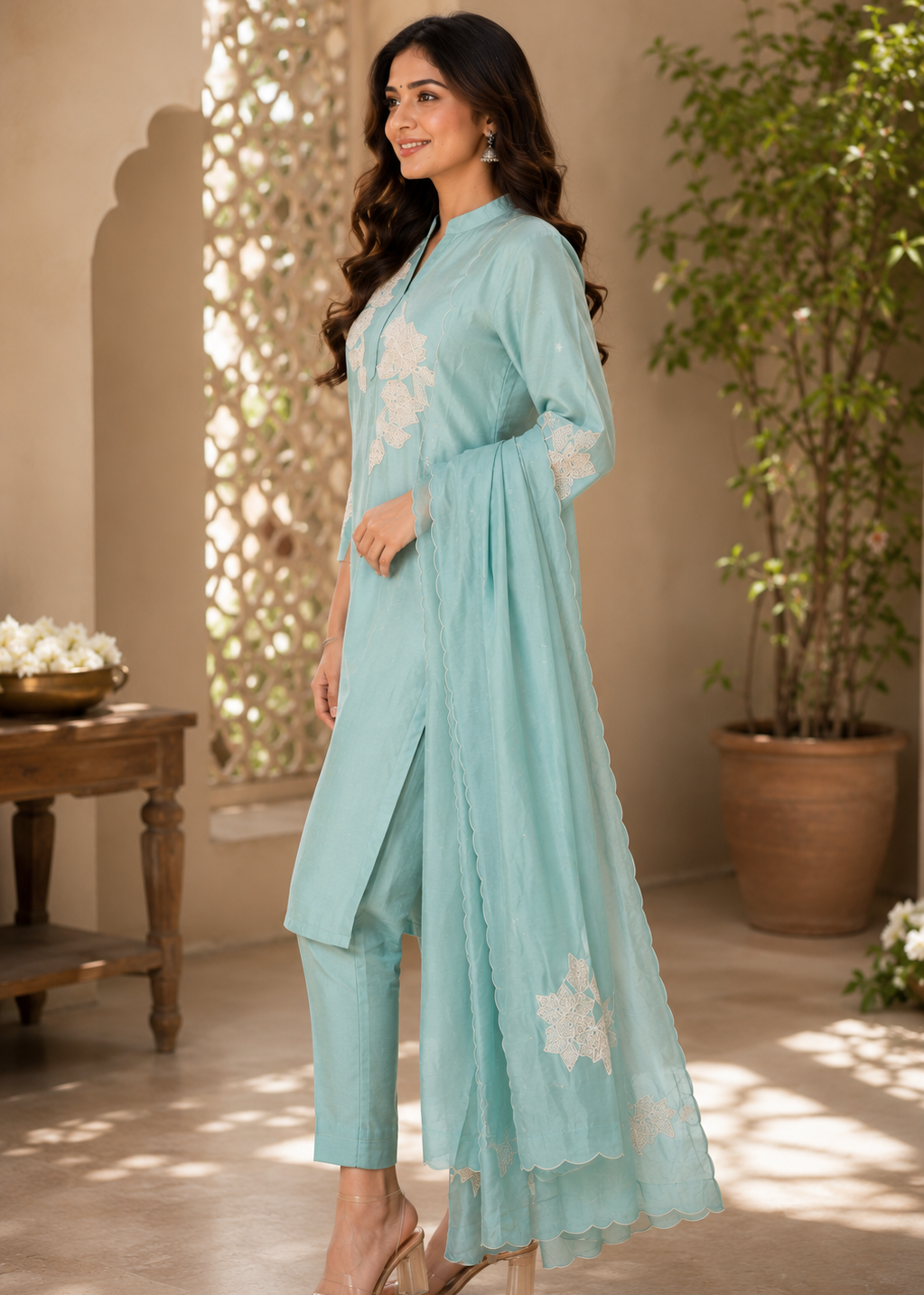 Woman wearing a light blue traditional outfit with floral patterns indoors.