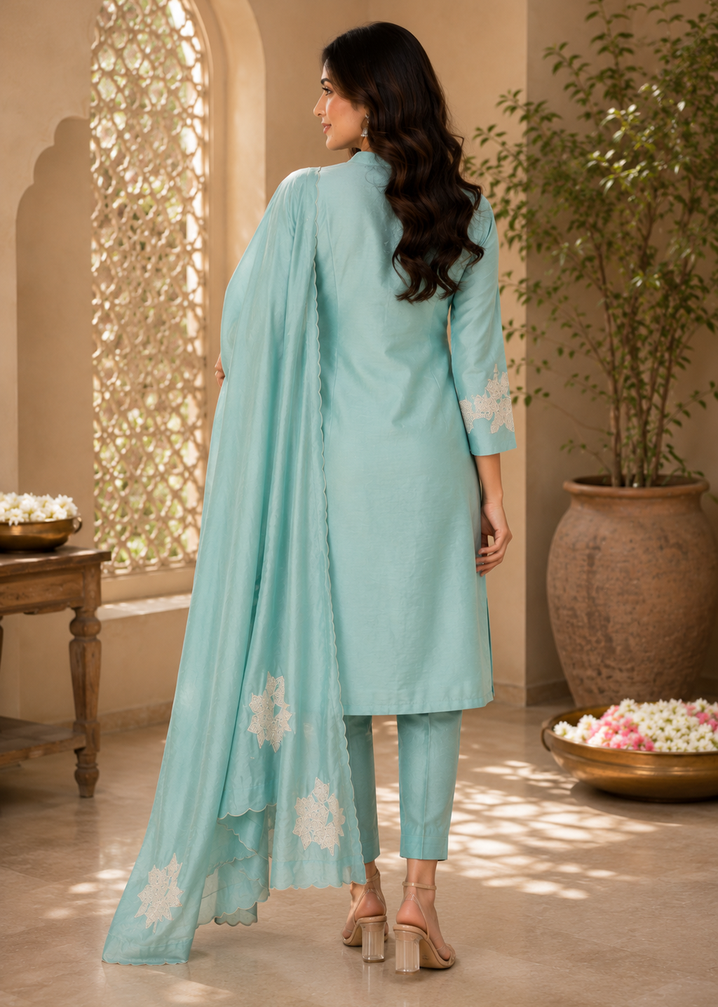 Sea Green Mul Chanderi Kurti Pant Dupatta Set With Floral Embroidery