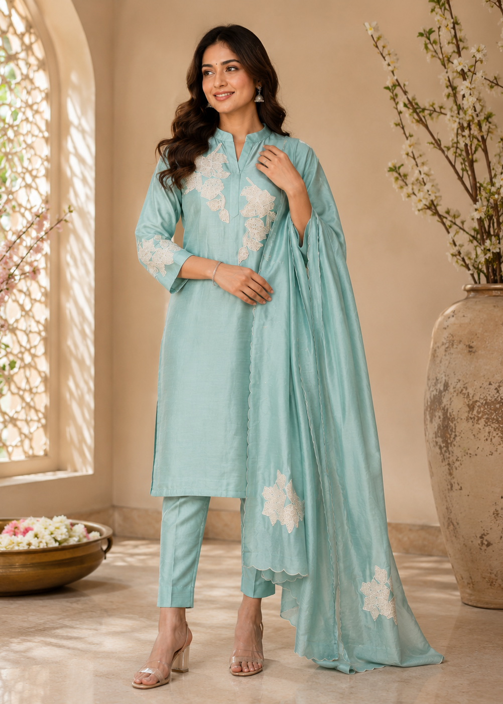Sea Green Mul Chanderi Kurti Pant Dupatta Set With Floral Embroidery