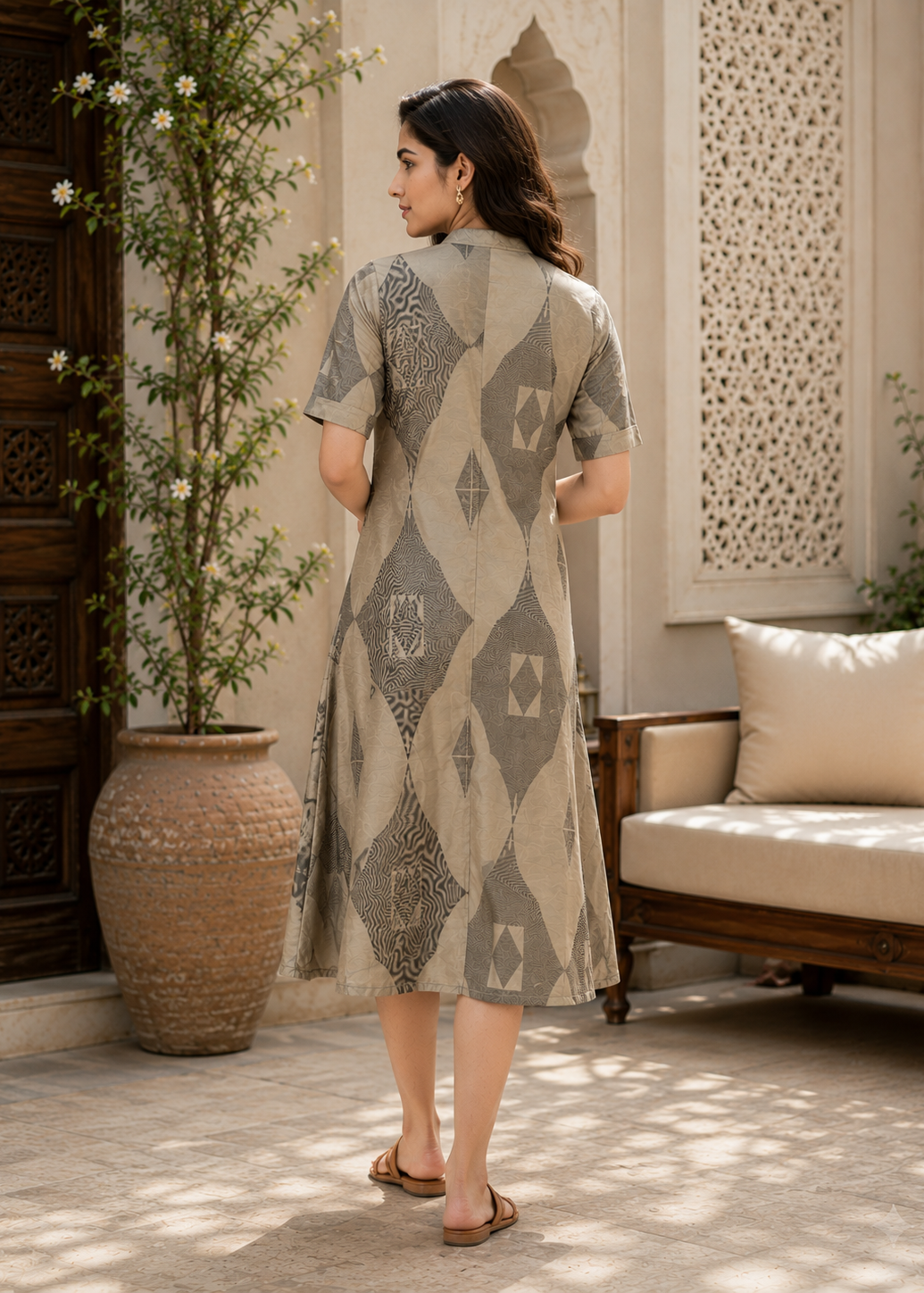 Modern Grey Abstract Printed A-Line Kurti Dress for Women