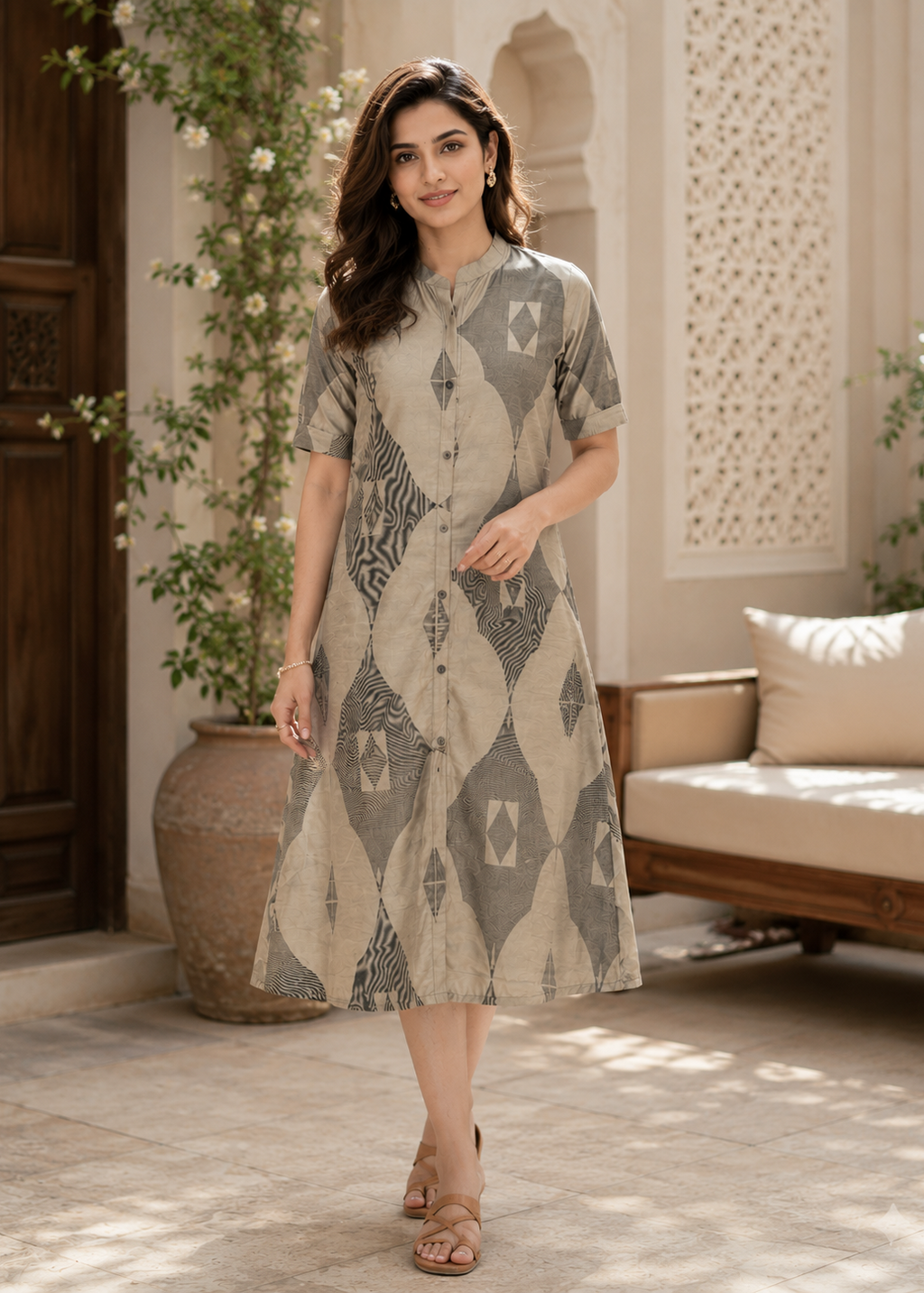 Modern Grey Abstract Printed A-Line Kurti Dress for Women