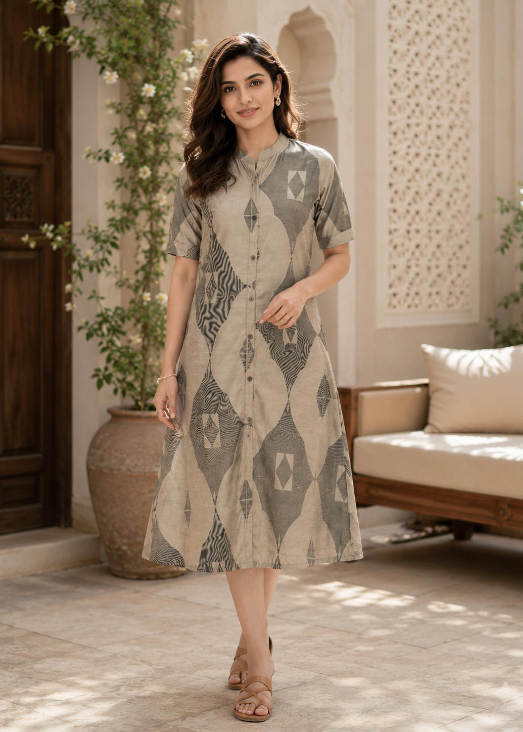 Modern Grey Abstract Printed A-Line Kurti Dress for Women