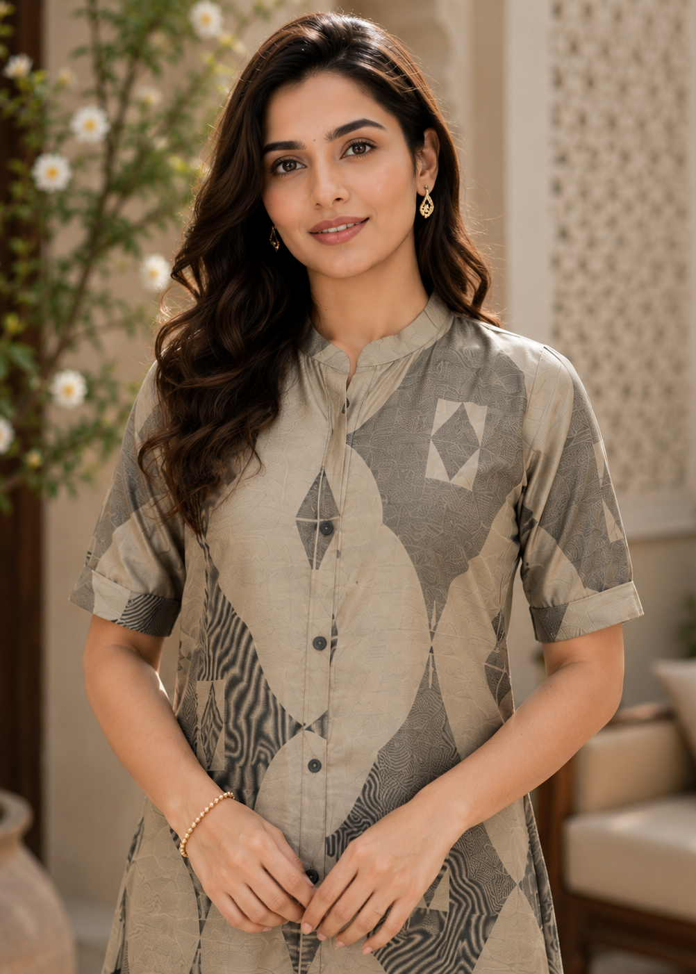 Modern Grey Abstract Printed A-Line Kurti Dress for Women