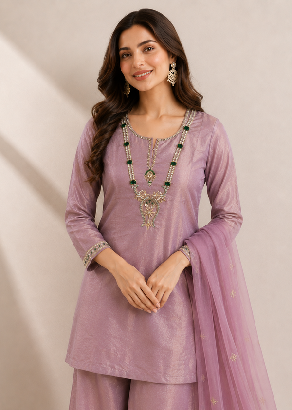 A woman modeling a lavender purple traditional South Asian outfit with a matching dupatta, featuring gold and green jewelry, set against a neutral beige background.