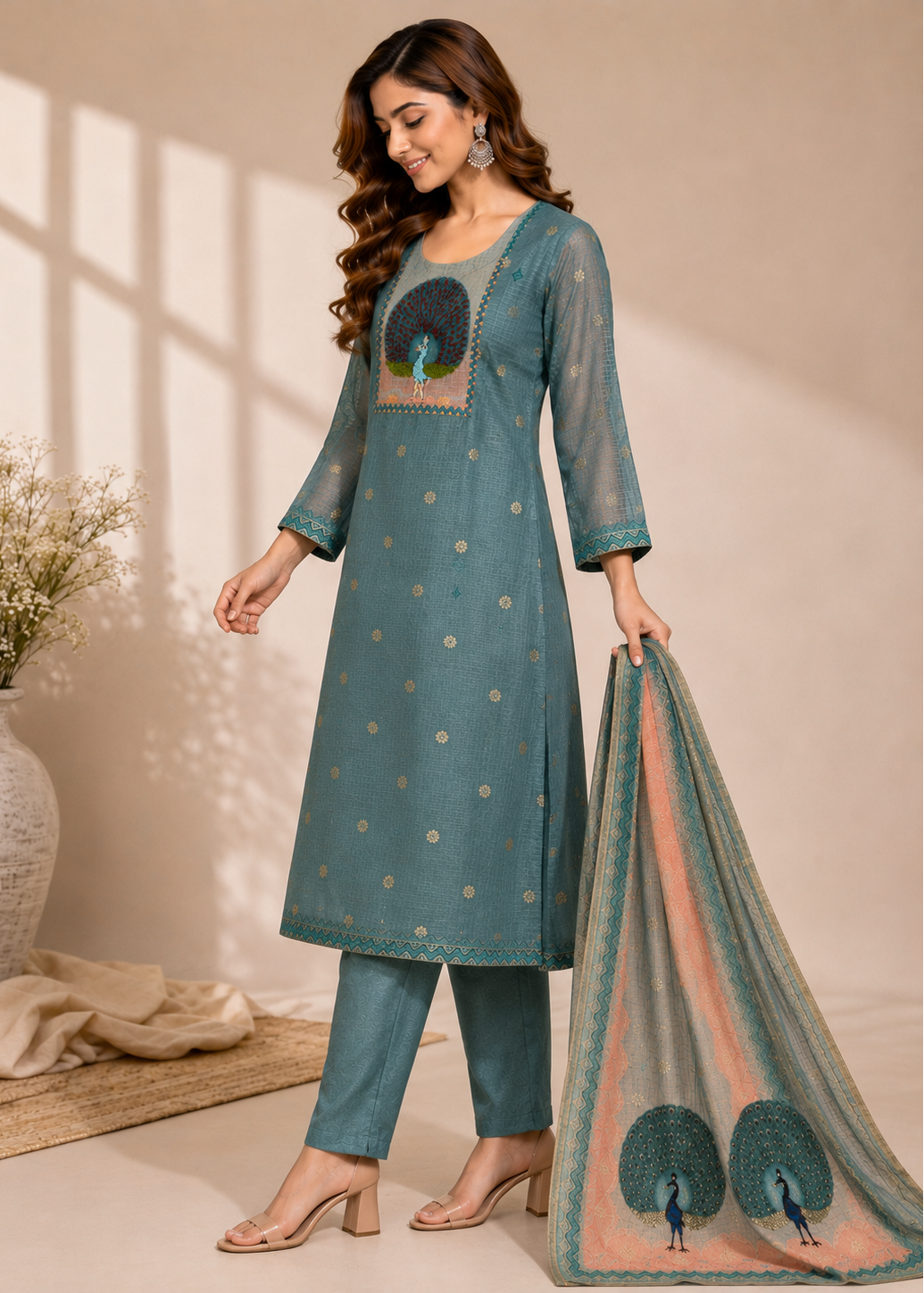A woman models a teal blue ethnic salwar kameez suit set with matching pants and a dupatta. The kurta features a printed peacock motif on the chest and small gold dot patterns, while the dupatta has a peach border and peacock designs.