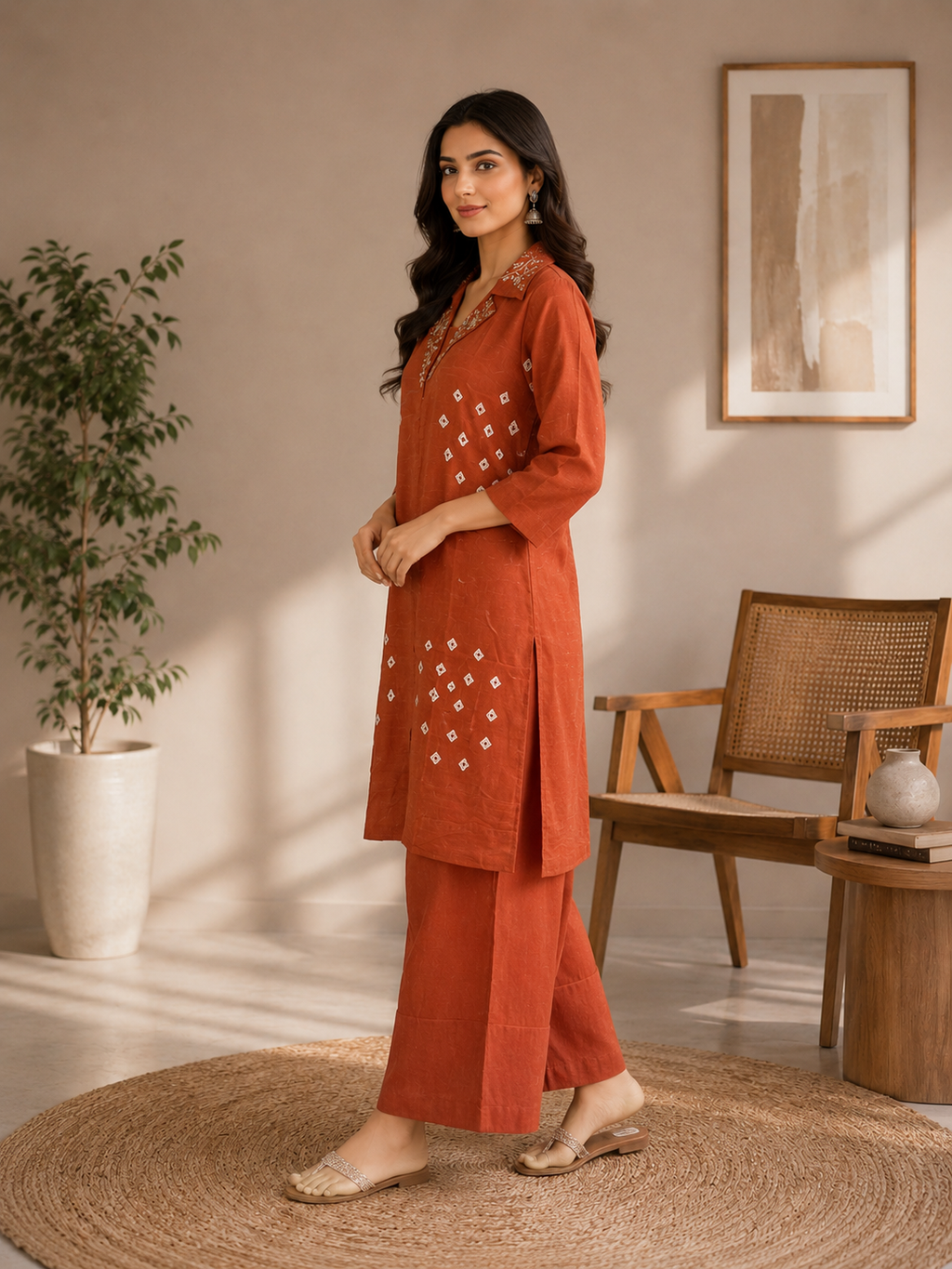Woman in an orange traditional outfit standing in a room with a plant and wooden furniture.