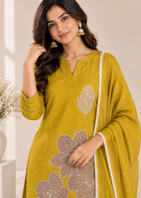 Mustard Yellow Mandarin Silk Floral Appliqué Work 3-Piece Suit Set