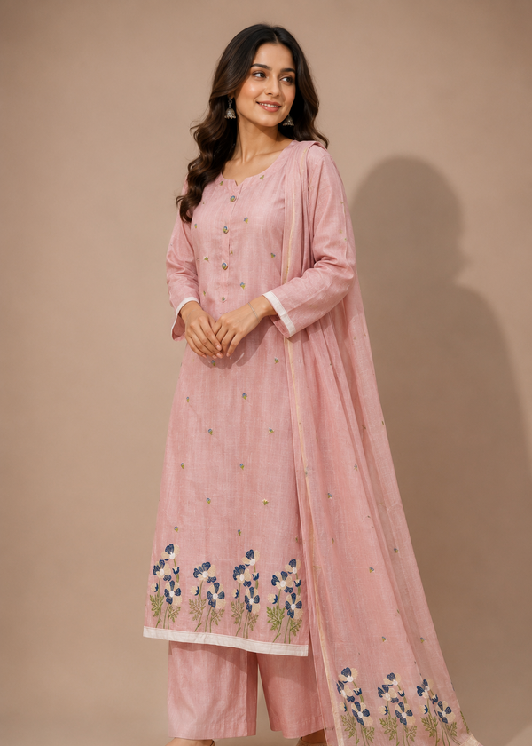 A woman modeling a light pink traditional Indian outfit consisting of a long kurta, matching pants, and a dupatta, decorated with floral embroidery near the hem and border.