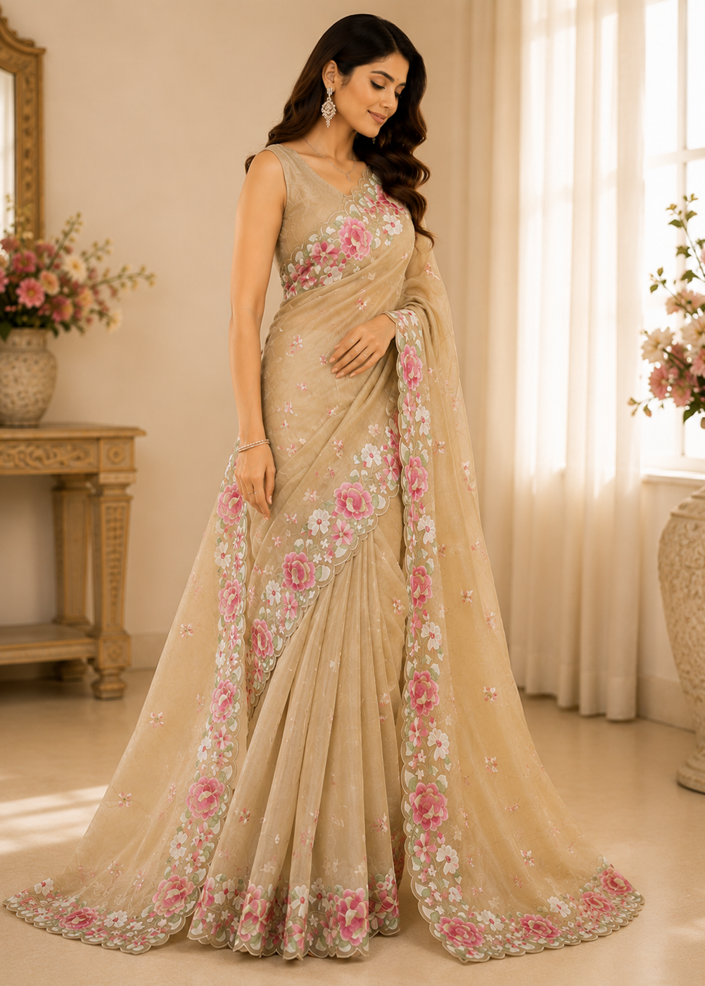 Elegant Beige Floral Embroidered Organza Saree With Scalloped Border