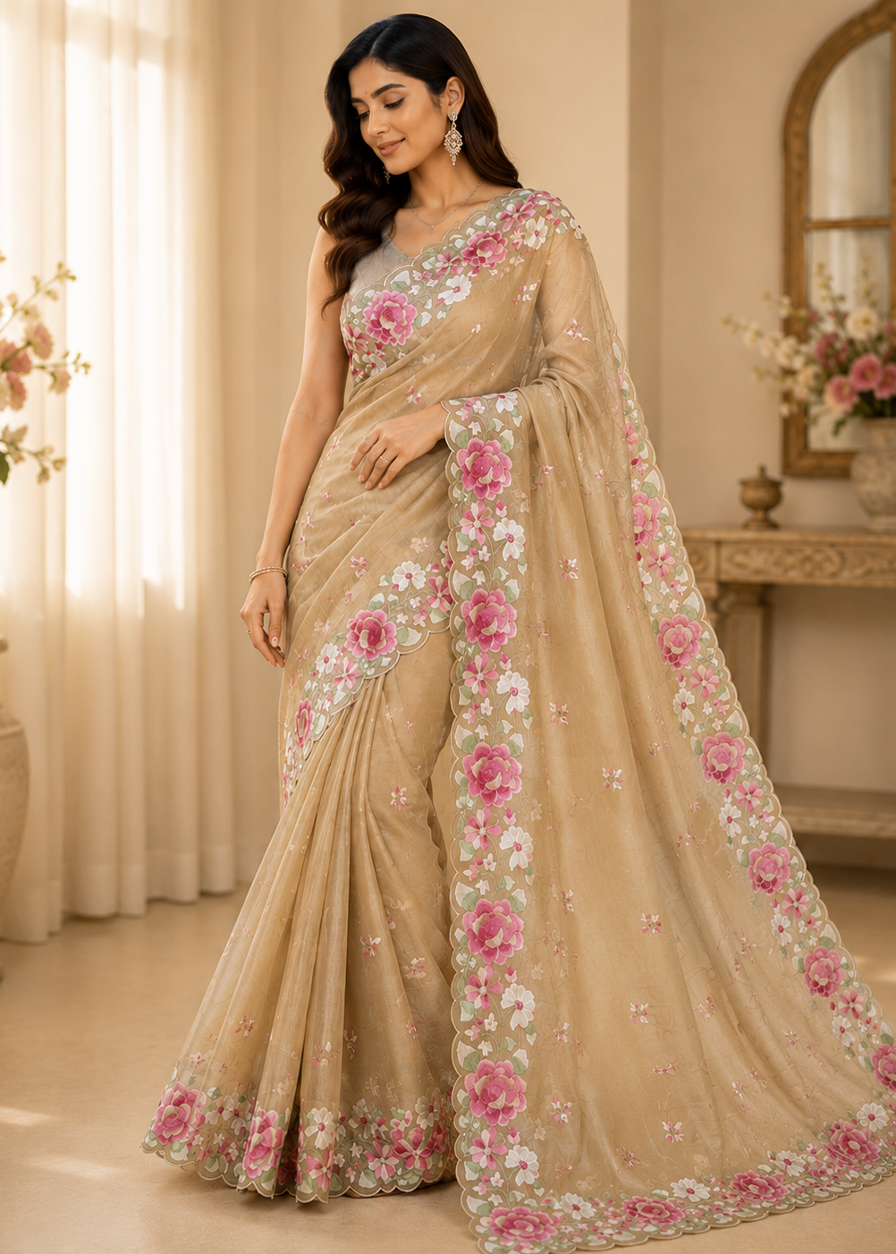 Elegant Beige Floral Embroidered Organza Saree With Scalloped Border