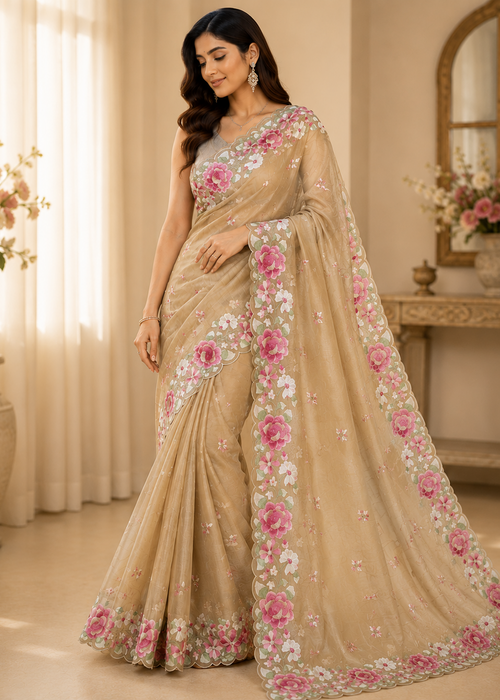 Elegant Beige Floral Embroidered Organza Saree With Scalloped Border