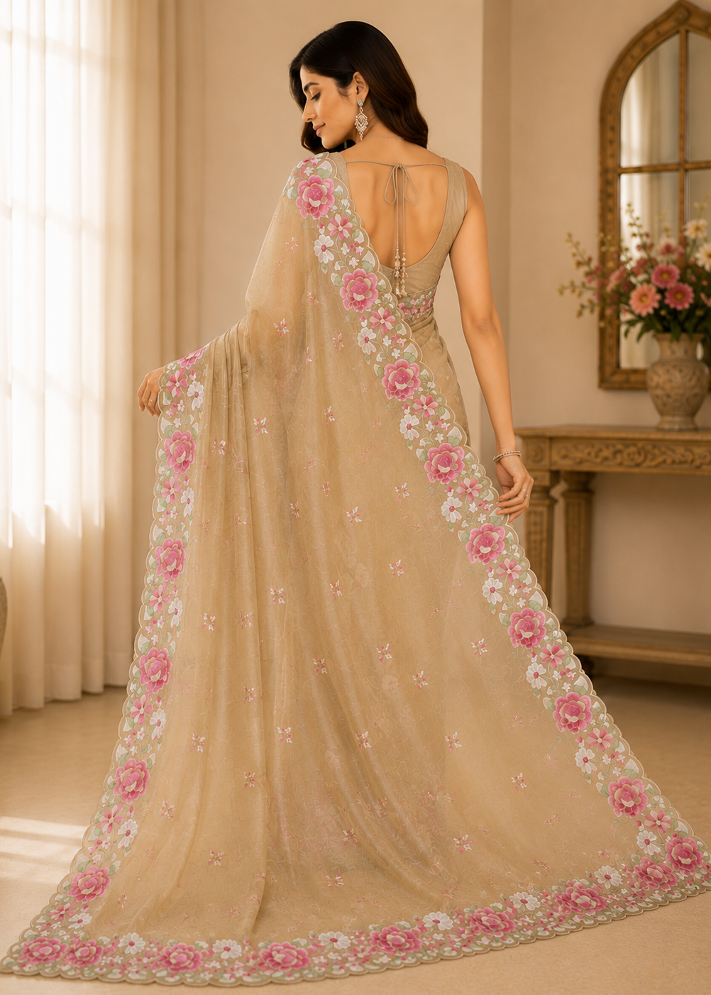 Elegant Beige Floral Embroidered Organza Saree With Scalloped Border