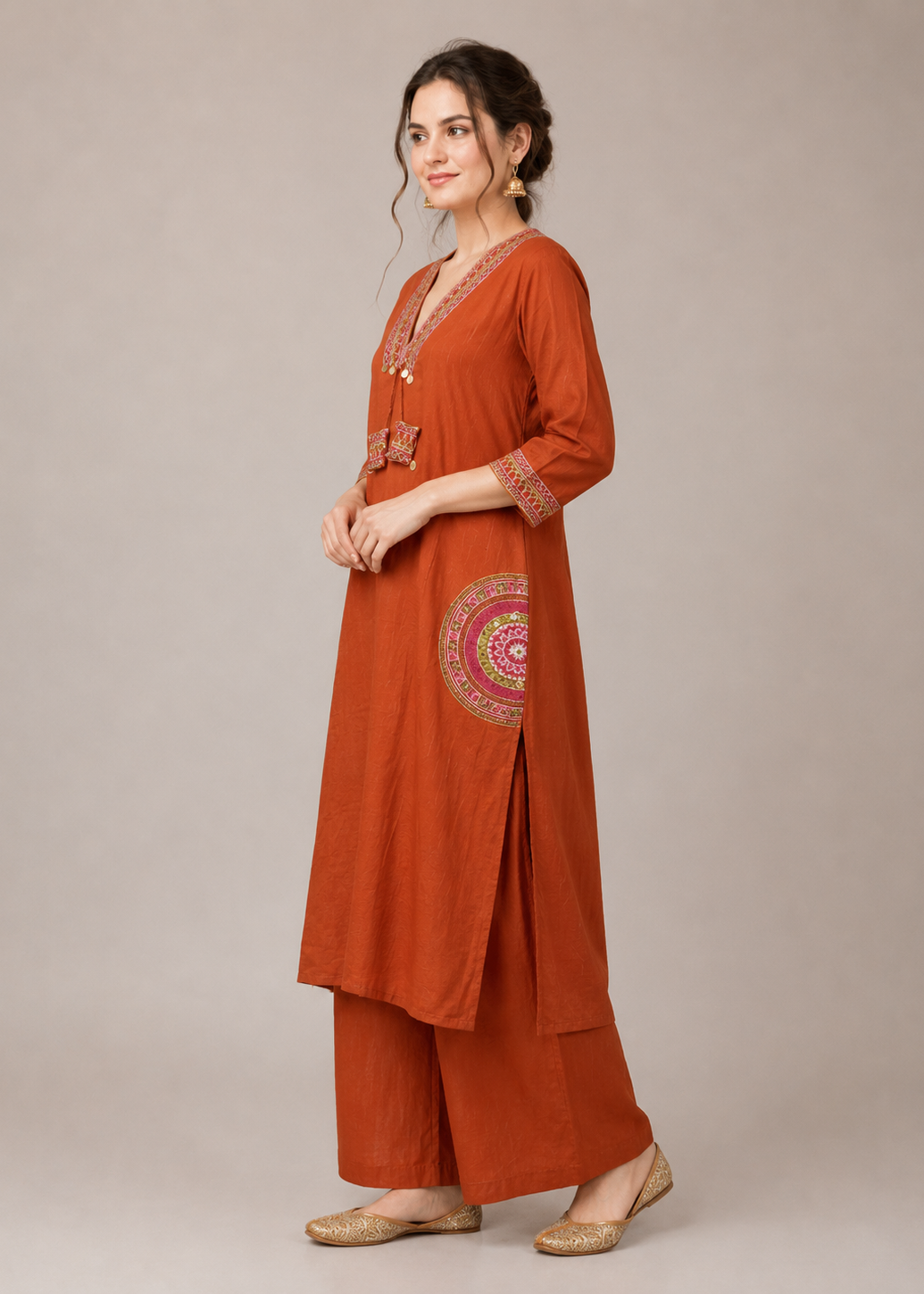 Rust Orange Embroidered Kurta Palazzo Set for Women