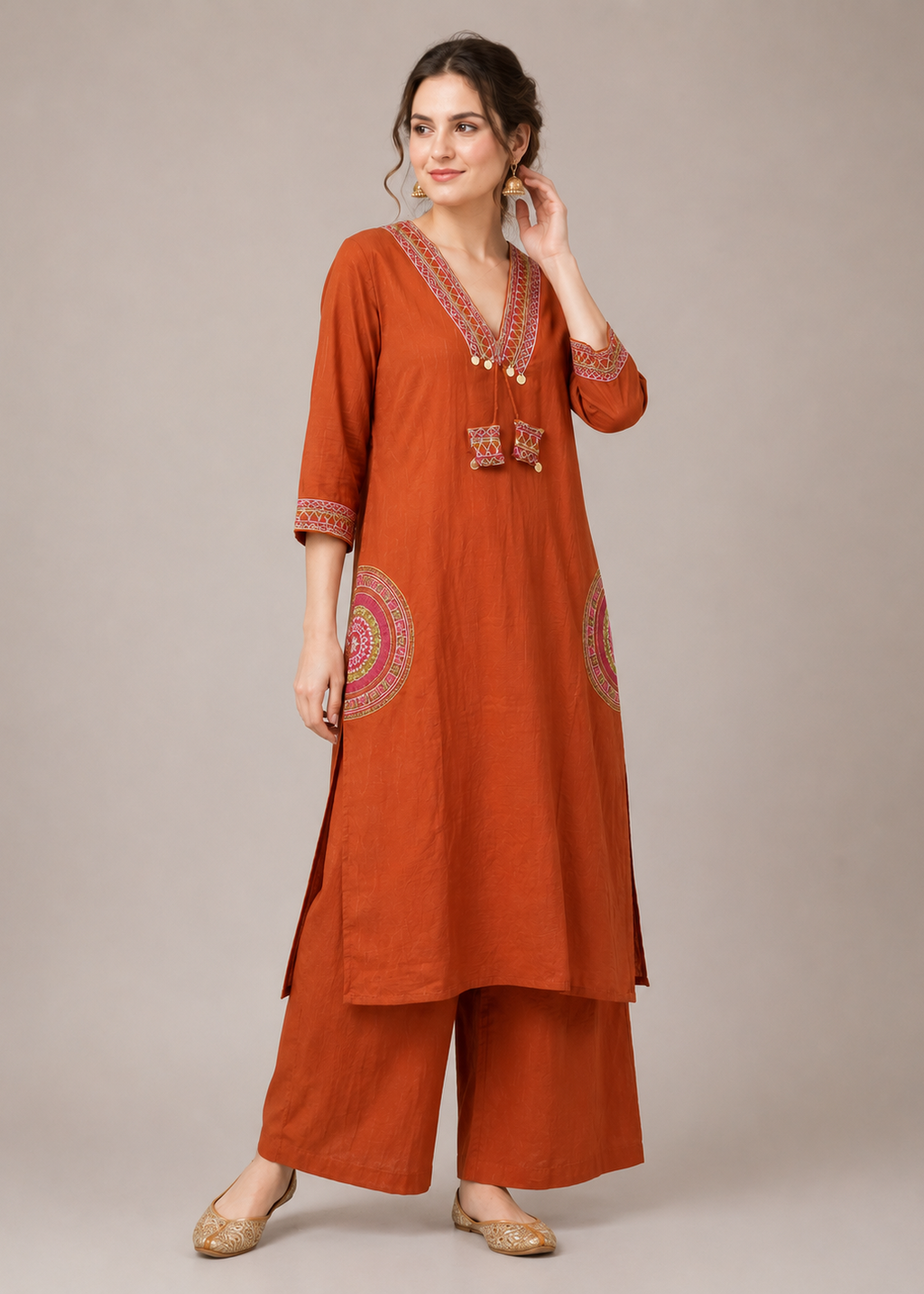 Rust Orange Embroidered Kurta Palazzo Set for Women