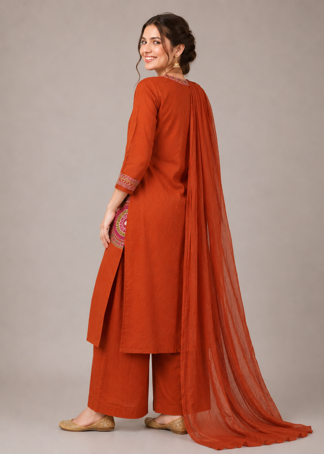 Rust Orange Embroidered Kurta Palazzo Set for Women