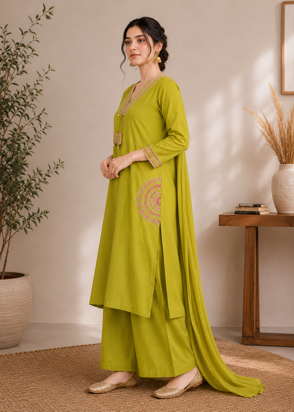 Olive Green Embroidered Kurta Palazzo Set with Dupatta for Women