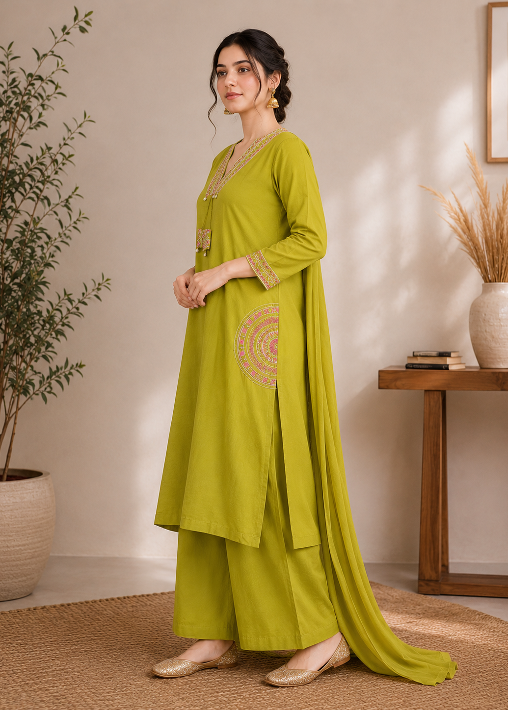 Olive Green Embroidered Kurta Palazzo Set with Dupatta for Women