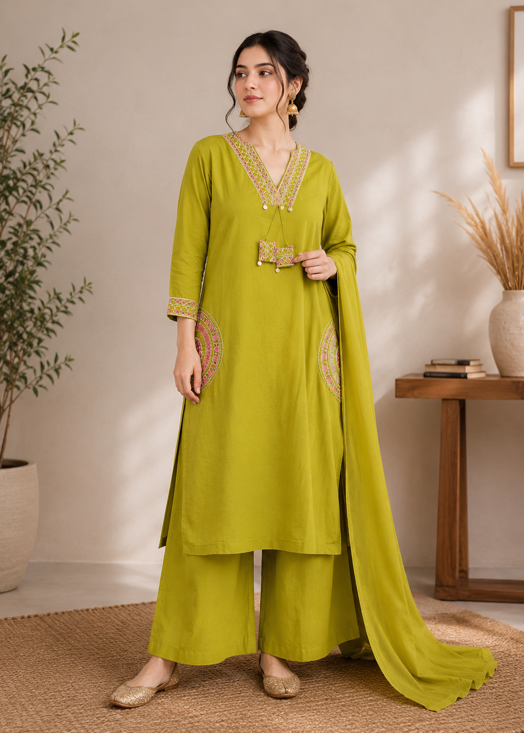 Woman wearing a green traditional outfit with a belt in a room with a plant and table.