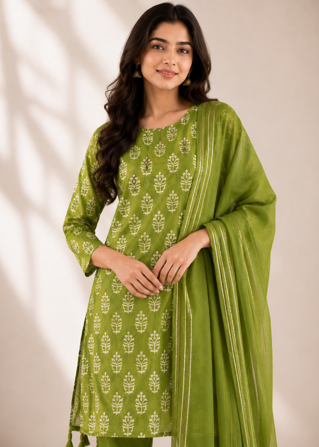 A woman modeling a traditional Indian salwar kameez set in olive green, featuring a printed kurta with matching printed dupatta.