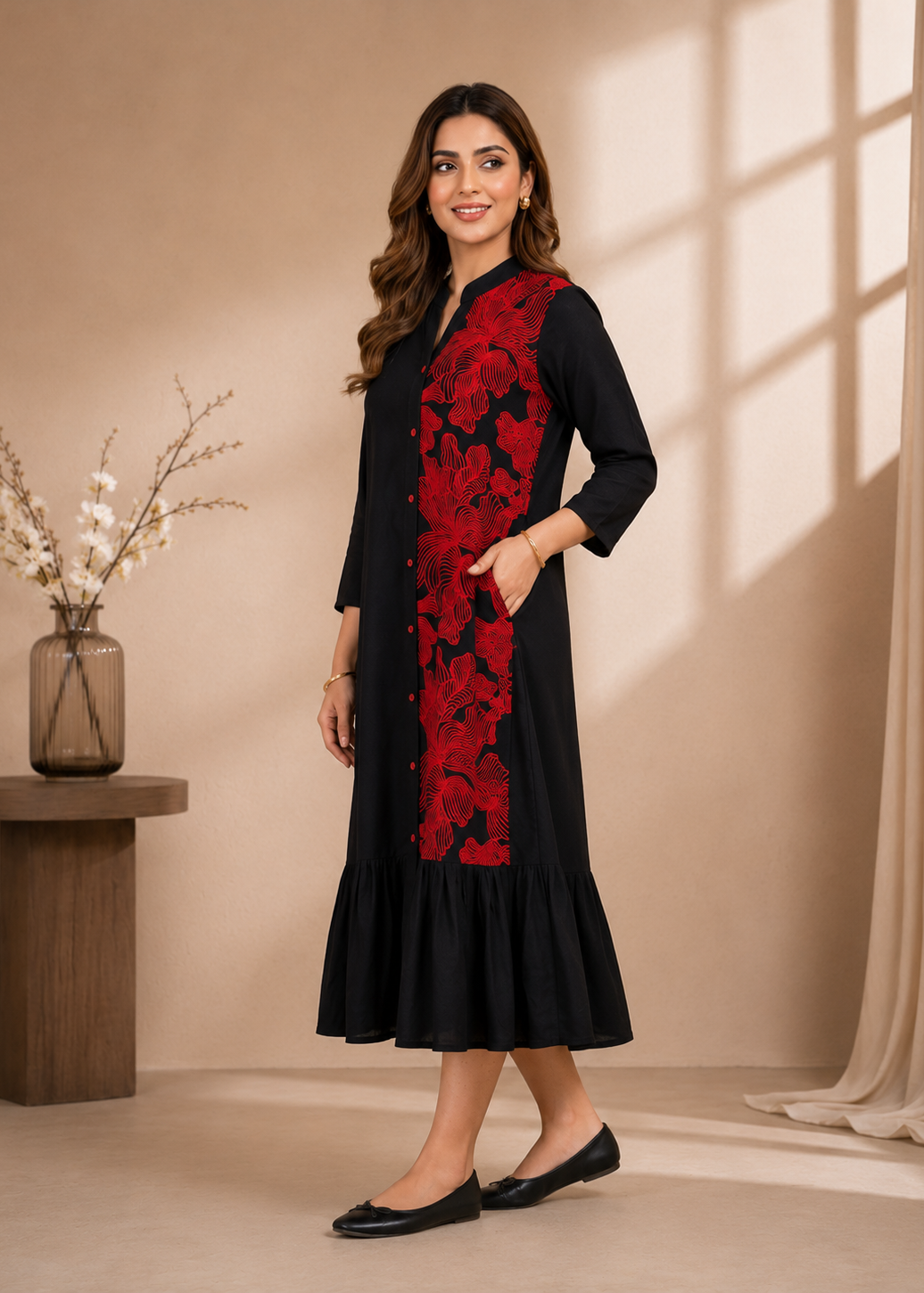 Noir Bloom Floral Midi Dress