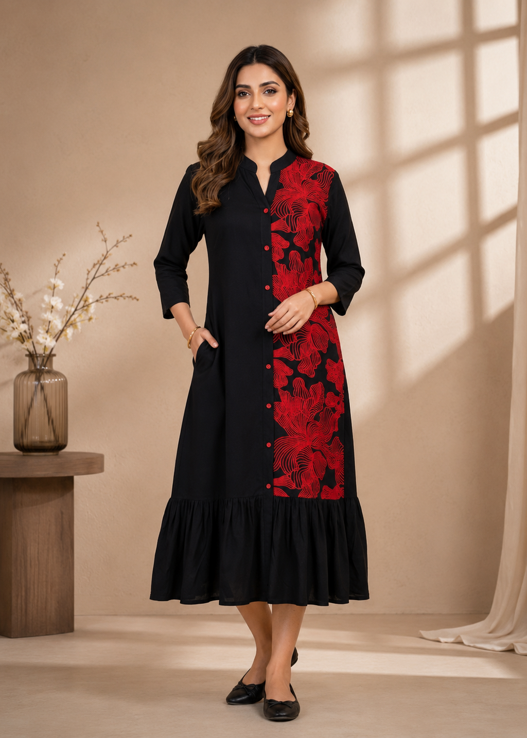 Woman wearing a black dress with red floral patterns in a well-lit room.