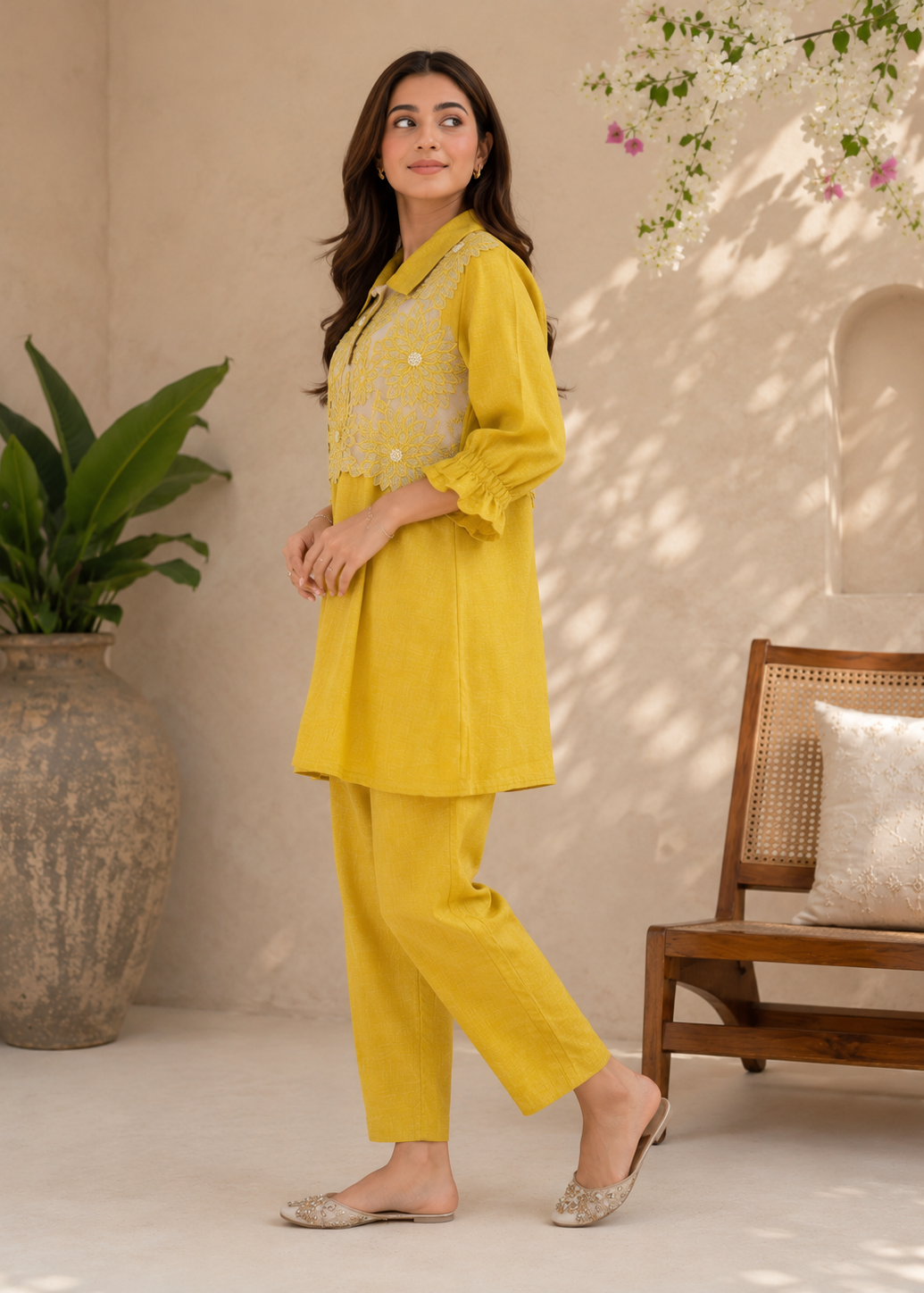 Mustard Yellow Floral Embroidered Co-Ord Set for Women