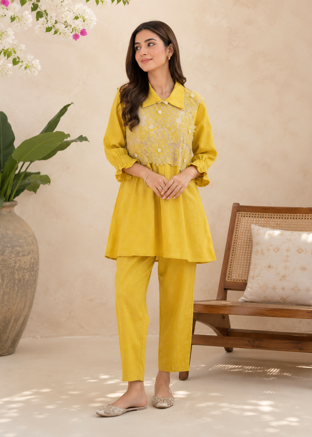 Mustard Yellow Floral Embroidered Co-Ord Set for Women