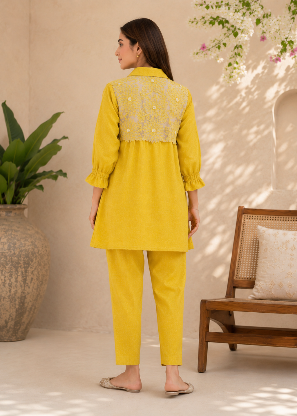 Mustard Yellow Floral Embroidered Co-Ord Set for Women