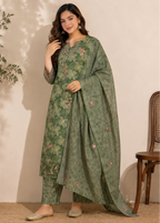 A woman models a three-piece olive green ethnic salwar kameez suit with floral embroidery and a matching dupatta, set against a warm beige wall with decorative plants and a wooden chair.
