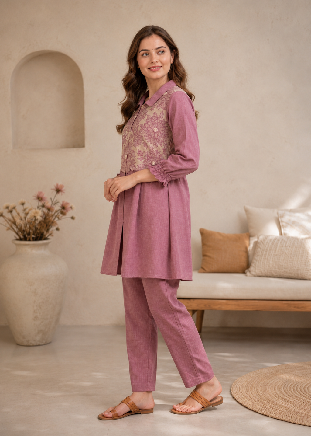 Mauve Floral Embroidered Co-Ord Set for Women