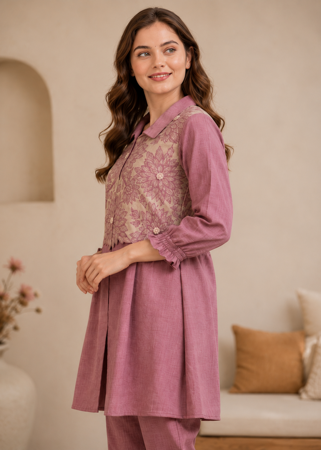 Mauve Floral Embroidered Co-Ord Set for Women