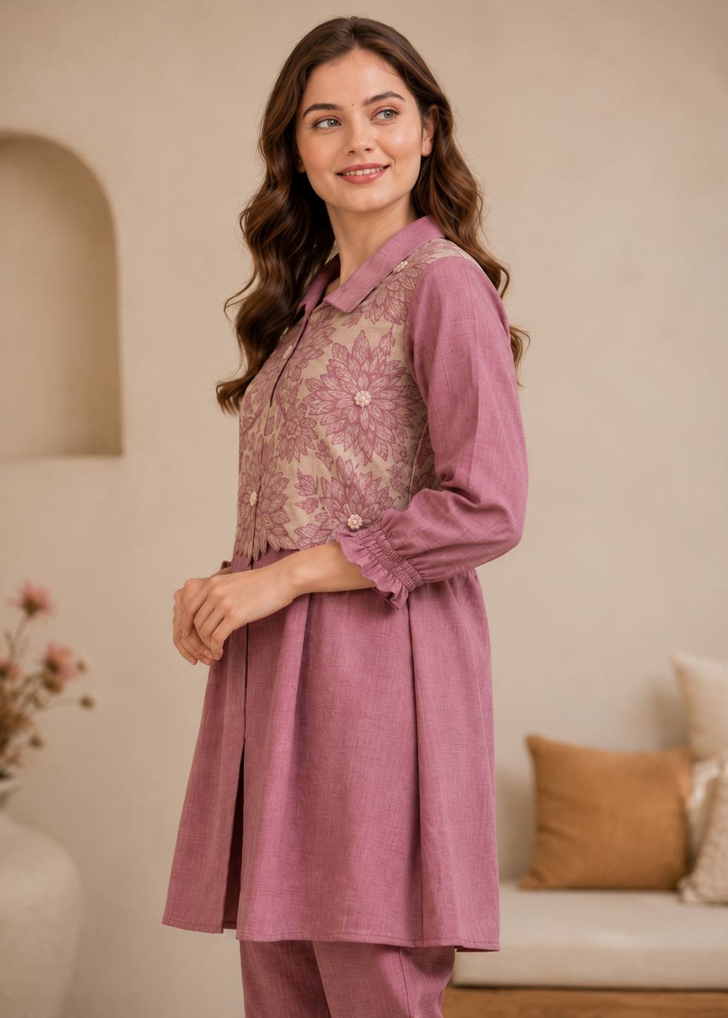 Mauve Floral Embroidered Co-Ord Set for Women