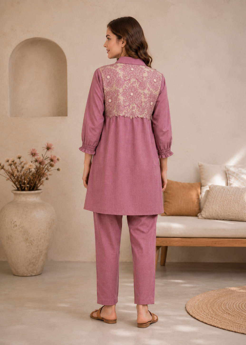 Mauve Floral Embroidered Co-Ord Set for Women